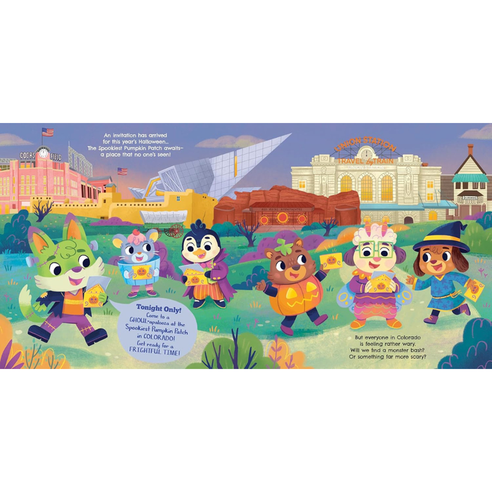 A colorful illustrated poster or print showing cartoon animal characters in front of a city skyline with a large white building and a ferris wheel. There is stylized text in the scene, but no visible brand name is clearly legible.