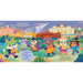A colorful illustrated poster or print showing cartoon animal characters in front of a city skyline with a large white building and a ferris wheel. There is stylized text in the scene, but no visible brand name is clearly legible.