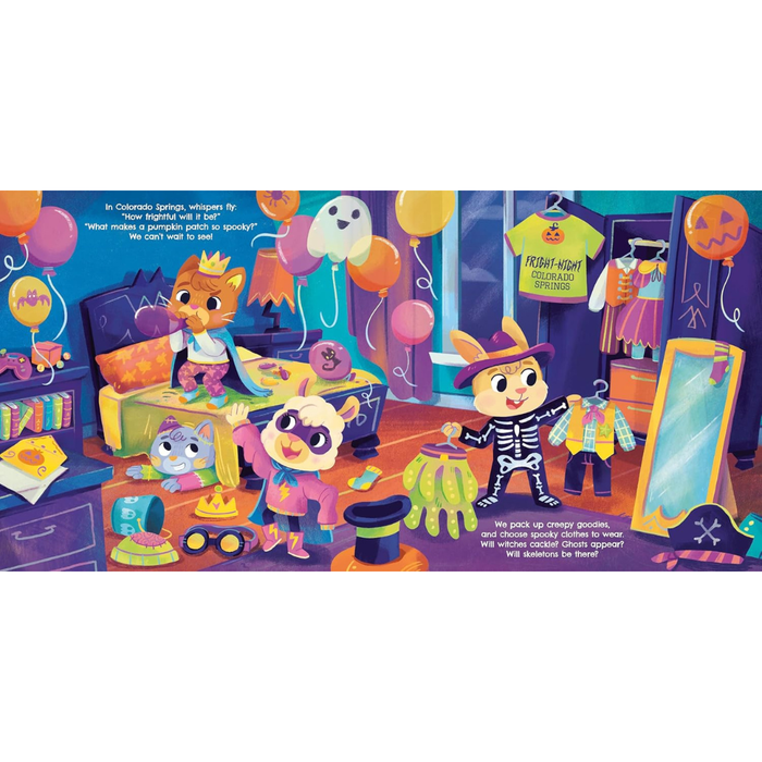 A colorful children's book or activity page illustration showing cartoon animal characters in a decorated bedroom with Halloween balloons, costumes, a mirror, and text blocks on both sides.