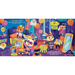 A colorful children's book or activity page illustration showing cartoon animal characters in a decorated bedroom with Halloween balloons, costumes, a mirror, and text blocks on both sides.