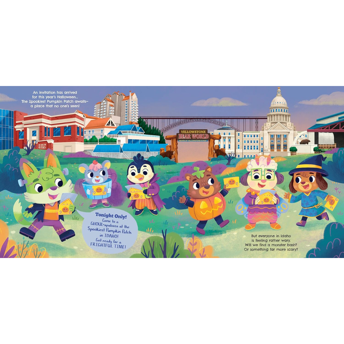 A colorful illustrated scene showing several cartoon animals in costumes standing in front of a city skyline with a capitol dome and bridge. There are text panels integrated into the artwork, suggesting this is a poster, print, or book-style illustration rather than a standalone physical product shot.