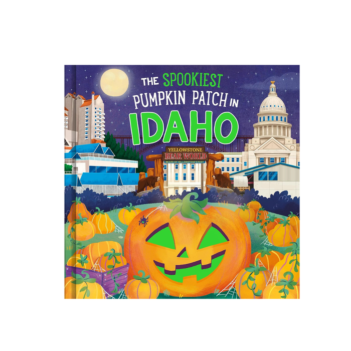A children's board book titled 'The Spookiest Pumpkin Patch in Idaho' featuring a colorful illustration of a pumpkin patch with a large jack-o'-lantern in the foreground, surrounded by Idaho landmarks under a full moon and starry night sky.