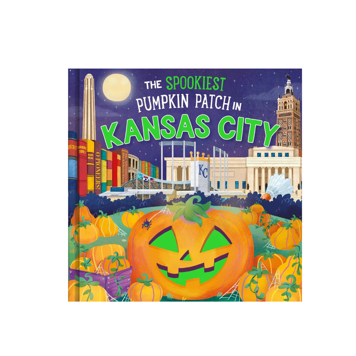 A children's board book titled 'The Spookiest Pumpkin Patch in Kansas City' featuring a colorful Halloween illustration with jack-o'-lanterns, city landmarks, and a night sky on the cover.