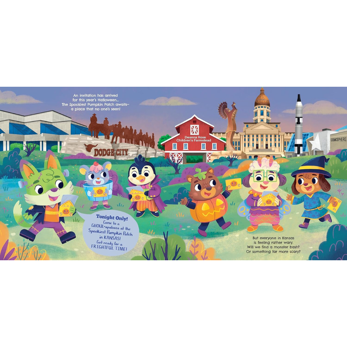 A colorful illustrated poster or print featuring cartoon animal characters standing in front of a stylized town skyline with buildings, a red barn, and a moon. The scene appears to be a designed artwork rather than a photo of a physical product in a real environment, so Scenery fits best because the depicted scene itself is the product content.