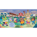 A colorful illustrated poster or print featuring cartoon animal characters standing in front of a stylized town skyline with buildings, a red barn, and a moon. The scene appears to be a designed artwork rather than a photo of a physical product in a real environment, so Scenery fits best because the depicted scene itself is the product content.