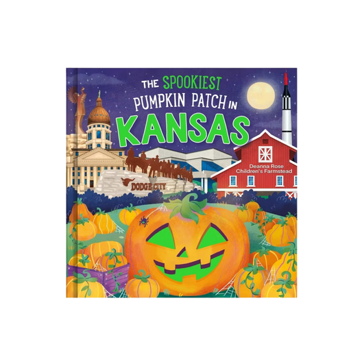 A children's book cover titled 'The Spookiest Pumpkin Patch in Kansas' featuring a colorful illustrated scene with pumpkins, a red barn, a domed building, a full moon, and a rocket ship on a white background.
