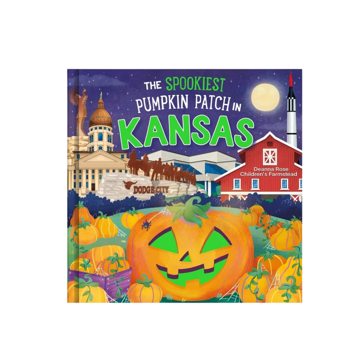 A children's book cover titled 'The Spookiest Pumpkin Patch in Kansas' featuring a colorful illustrated scene with pumpkins, a red barn, a domed building, a full moon, and a rocket ship on a white background.