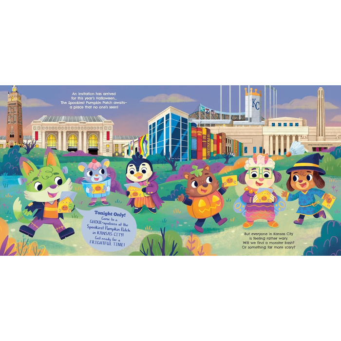 A colorful illustrated poster or print showing cartoon animal characters standing in front of Kansas City landmarks, including the KC Stadium and a library-like building, with text blocks and a blue speech bubble near the bottom left.