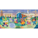 A colorful illustrated poster or print showing cartoon animal characters standing in front of Kansas City landmarks, including the KC Stadium and a library-like building, with text blocks and a blue speech bubble near the bottom left.
