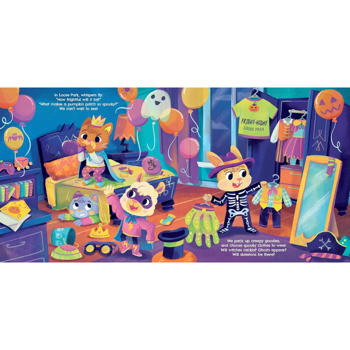 A colorful illustrated scene showing cartoon animal characters in a bedroom-like play area with Halloween decorations, balloons, costumes, and toys. There is no single physical product isolated on a studio background; instead this is a full-frame digital illustration with many elements, so the best fit is Other rather than Product/Packaging or Lifestyle.