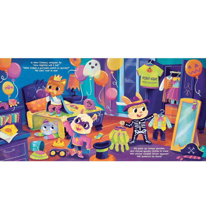A colorful children's book or storybook page featuring cartoon animals in a bedroom setting, including a rabbit in a skeleton costume, a fox in a pink outfit, a ghost, balloons, and clothing hanging on a bedframe. The page includes printed text and illustrations.