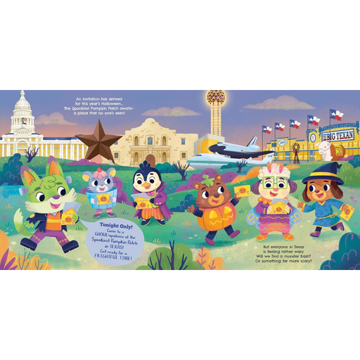 A colorful illustrated spread showing cartoon animals standing outdoors in front of Texas-themed landmarks and a plane, with text bubbles and decorative scenery. This appears to be a printed or digital artwork page rather than a standalone product photo.