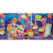 A colorful children's book or activity page illustration showing cartoon animal characters in a decorated bedroom with Halloween balloons, costumes, a mirror, and text blocks on both sides.