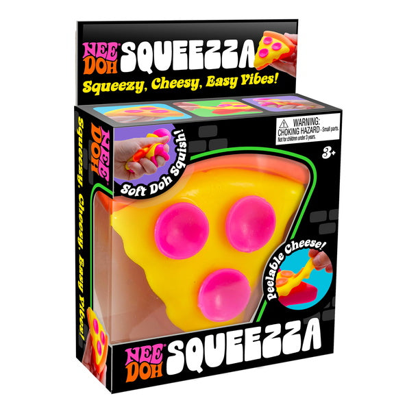 Box of Nee Doh Squeezza toy with yellow and pink design