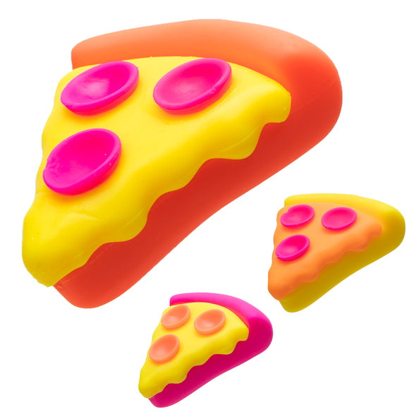 Colorful pizza slice toys on a white background