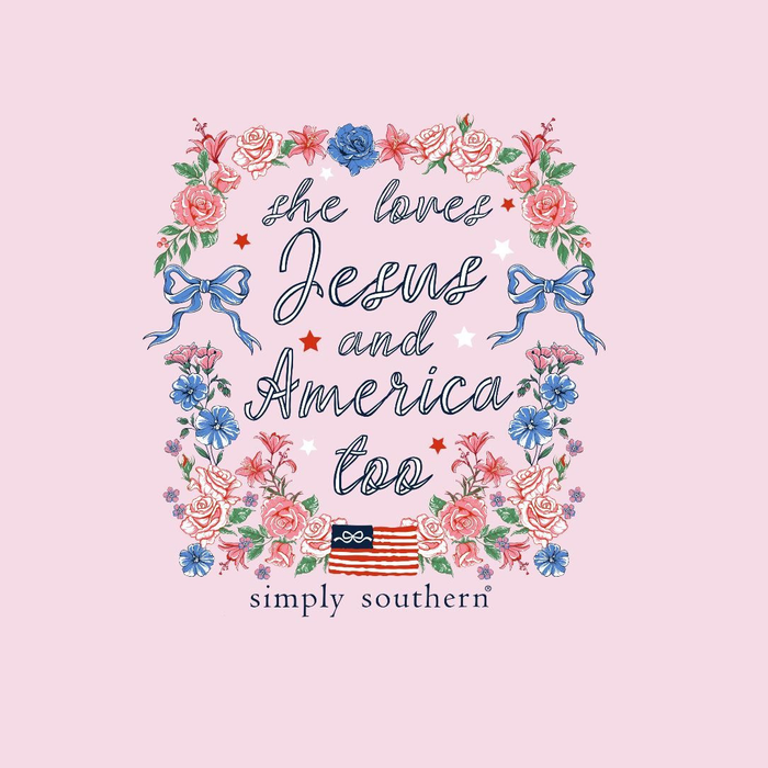 Text 'She loves Jesus and America too' surrounded by floral and bow designs on a pink background with 'Simply Southern' branding.