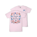Pink t-shirt with floral and text design on a white background