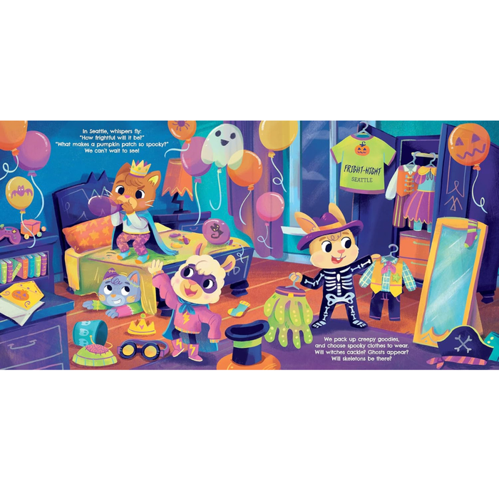 A colorful illustrated scene showing two cartoon animals in a dressing-room-like space, surrounded by balloons, costumes, hats, and a mirror. The artwork appears to be the product itself rather than a photo of a physical item, so this fits Scenery rather than Product/Packaging or Lifestyle.