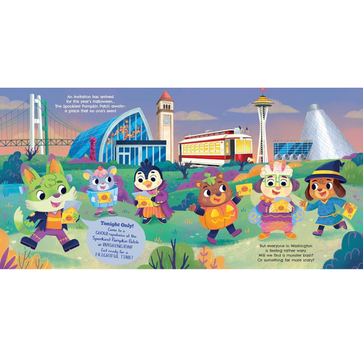 A colorful illustrated book or magazine spread showing cartoon animal characters standing in front of a stylized Washington, D.C.
