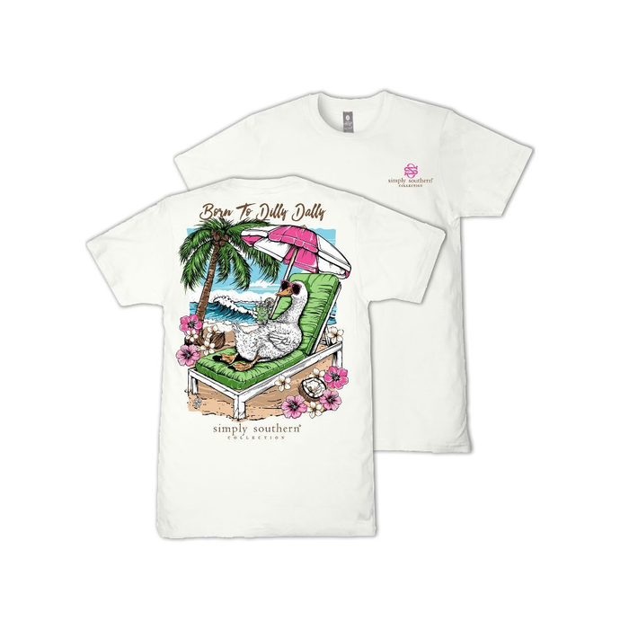 White t-shirt with a colorful graphic design featuring a goose, palm tree, and beach elements on a white background.