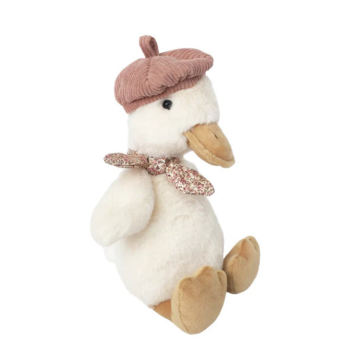 Plush duck toy with a brown hat and bow tie on a white background