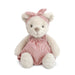 Stuffed teddy bear wearing a red and white striped dress and headband on a white background