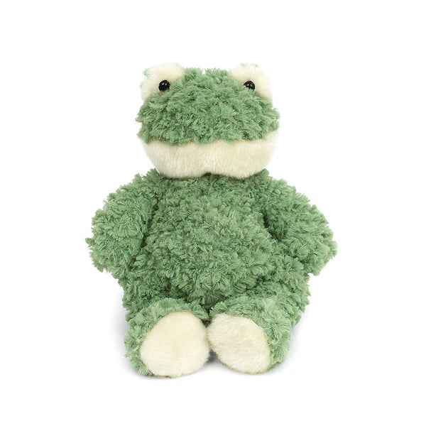 Green plush toy frog on a white background