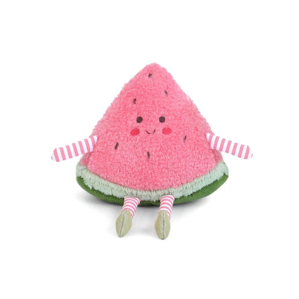 Plush toy shaped like a watermelon with a smiling face on a white background