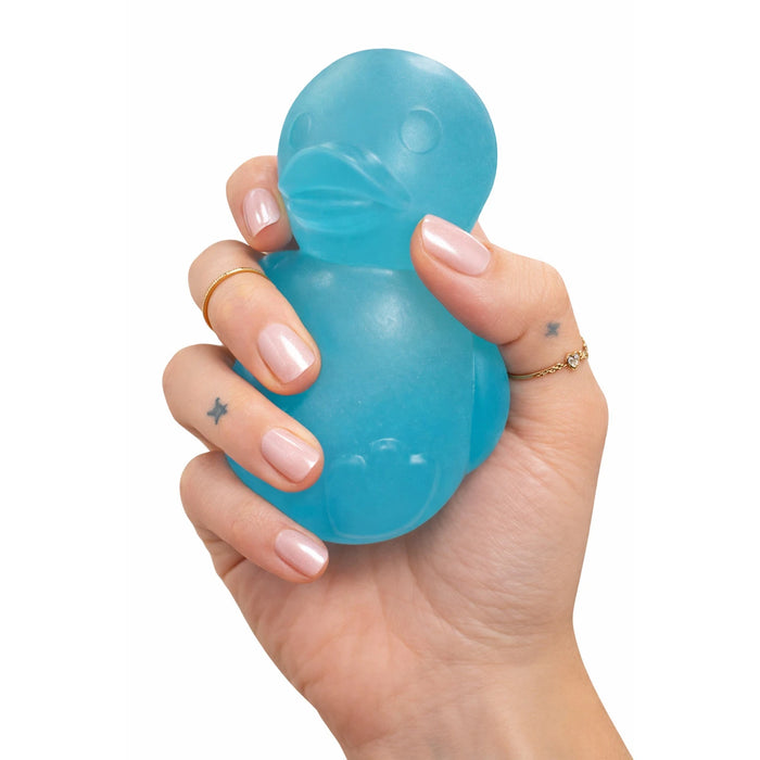 Hand holding a blue stress ball against a white background