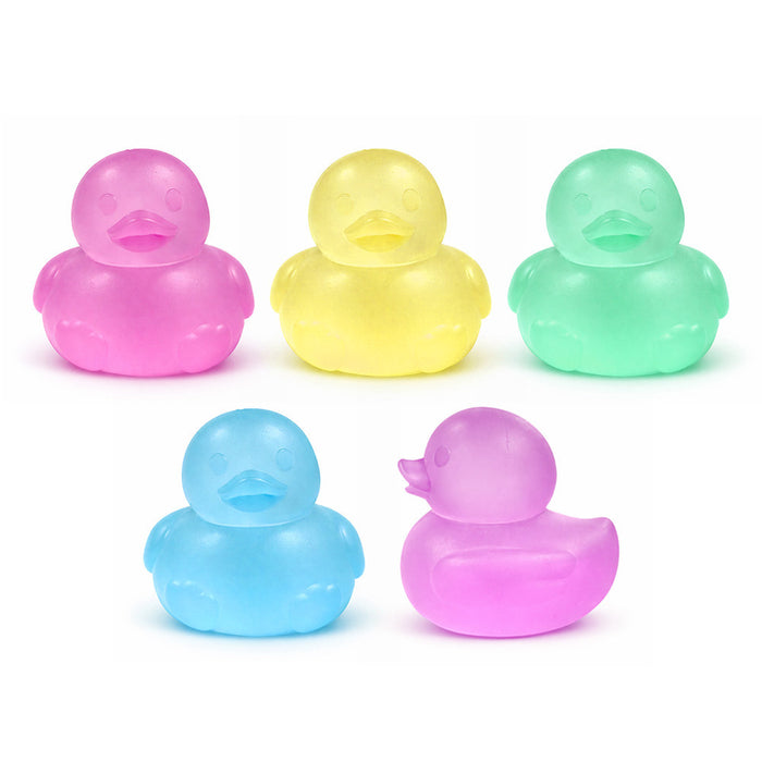 Five colorful rubber duckies on a white background