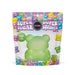 Packaging of a green squishy toy with colorful graphics and text on a white background