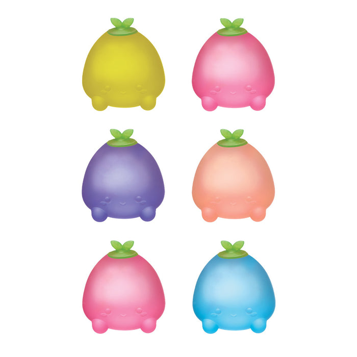 Set of six colorful, cartoon-like fruit-shaped objects on a white background