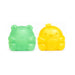 Green frog-shaped and yellow chick-shaped bath bombs on a white background