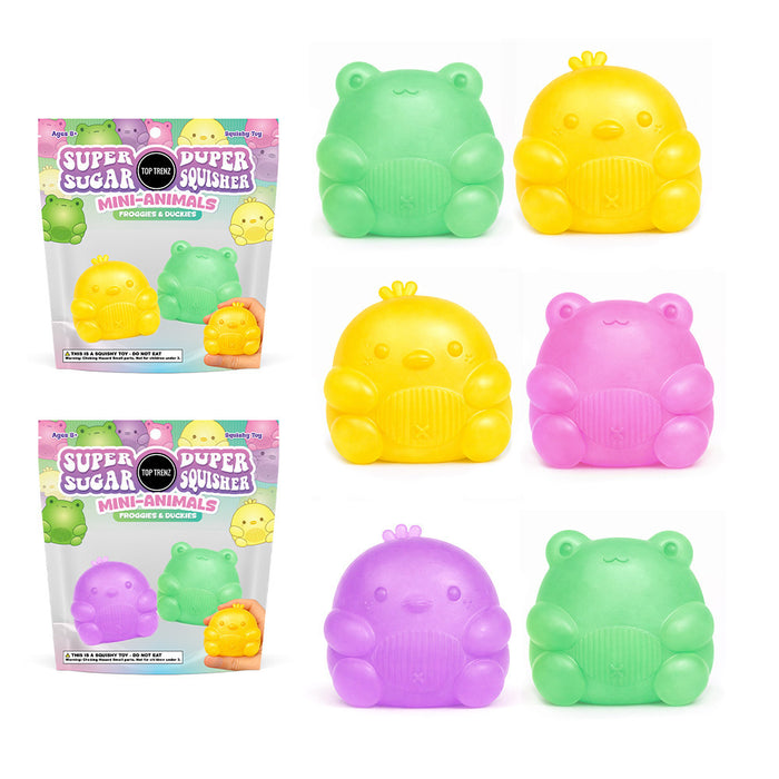 Colorful mini-animal squishies with packaging on a white background