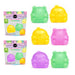 Colorful mini-animal squishies with packaging on a white background