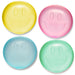 Four smiley face-shaped objects in yellow, pink, blue, and green on a white background.