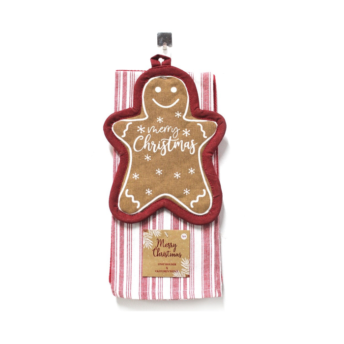 Merry Christmas Gingerbread Pot Holder & Towel Set