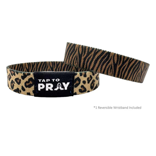 Two wristbands with leopard print and black band featuring 'Tap to Pray' text on a white background.