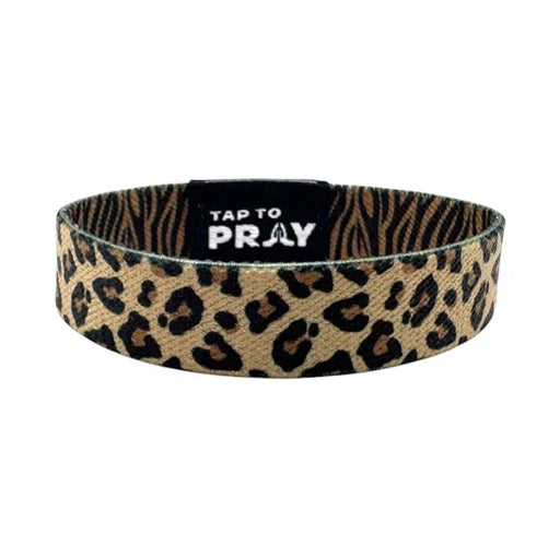 Leopard print headband with 'Tap to Pray' text on a white background