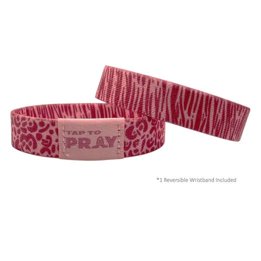 Two pink and red patterned wristbands with 'Tap to Pray' text on a white background.