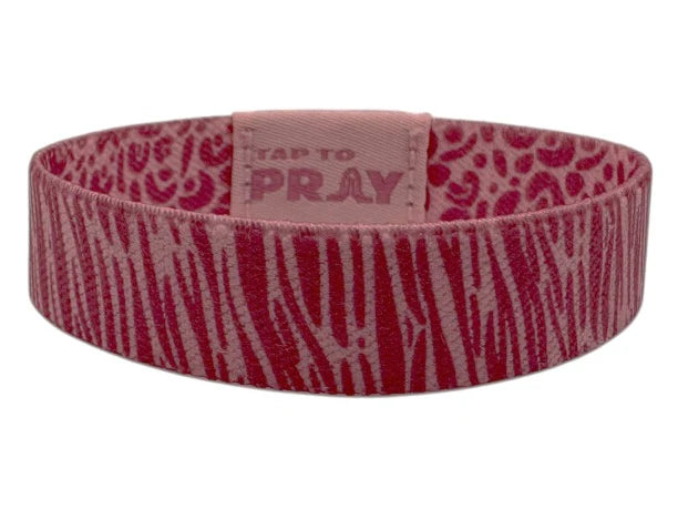 Pink headband with red pattern and 'Tap to Pray' text on a white background