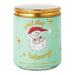 Candle jar with Santa Claus illustration and text 'don't stop believing' on a light green background.