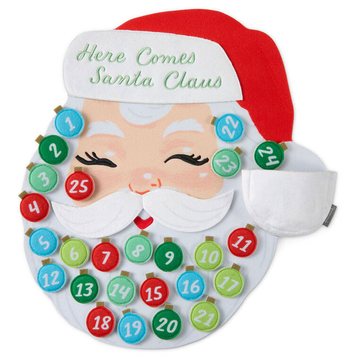 Advent calendar with Santa Claus face and colorful numbers on a white background
