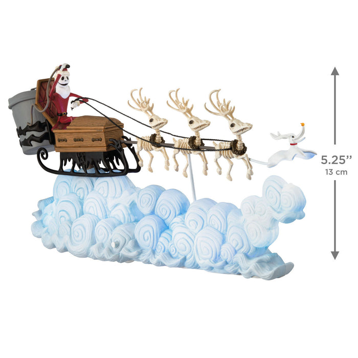 Santa Claus in a sleigh with reindeer on clouds, with dimensions indicated.