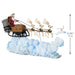 Santa Claus in a sleigh with reindeer on clouds, with dimensions indicated.