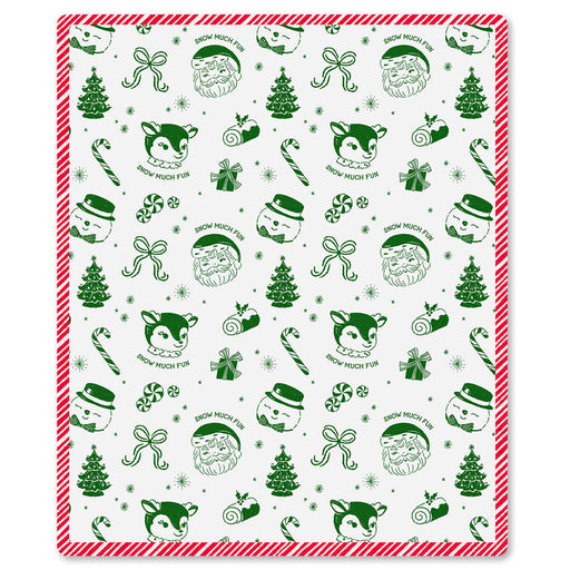A square holiday-themed product, likely a placemat or decorative mat, featuring a white background with a red and white striped border. The surface is decorated with green illustrations of Santa Claus, woodland animals, Christmas trees, candy canes, and bows, with the text 'SNOW MUCH FUN' repeated throughout.