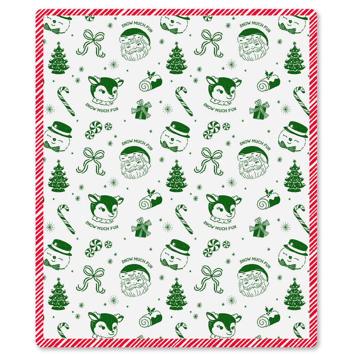 A square holiday-themed product, likely a placemat or decorative mat, featuring a white background with a red and white striped border. The surface is decorated with green illustrations of Santa Claus, woodland animals, Christmas trees, candy canes, and bows, with the text 'SNOW MUCH FUN' repeated throughout.