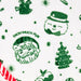 White fabric with a green Christmas-themed print featuring Santa Claus, a snowman, a Christmas tree, gift boxes, candy canes, and the phrase 'SNOW MUCH FUN'.