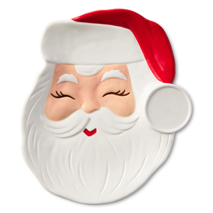 Decorative plate shaped like a Santa Claus face with a red hat on a white background