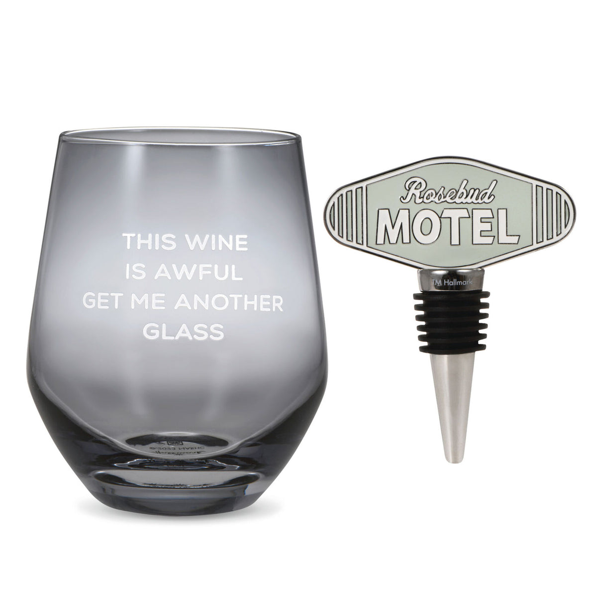 Schitt's Creek® Stemless Wine Glass and Bottle Stopper — Trudy's Hallmark
